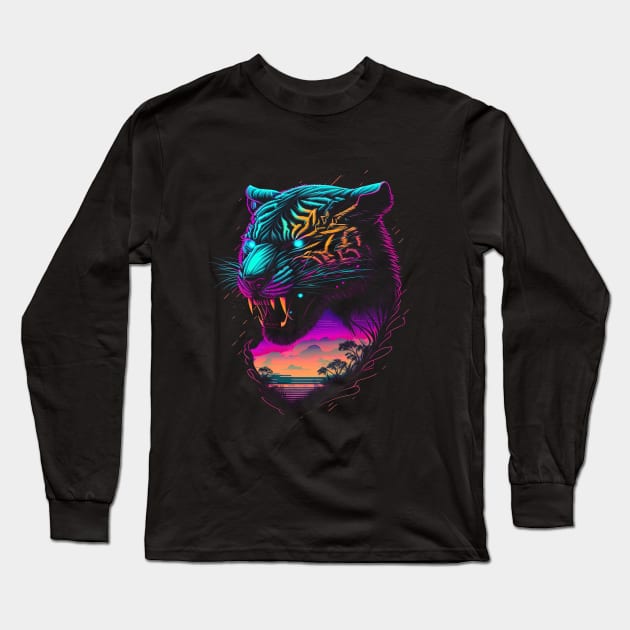 Retrowave Synthwave Tiger Head - 1980's Animal Print Long Sleeve T-Shirt by Odd World